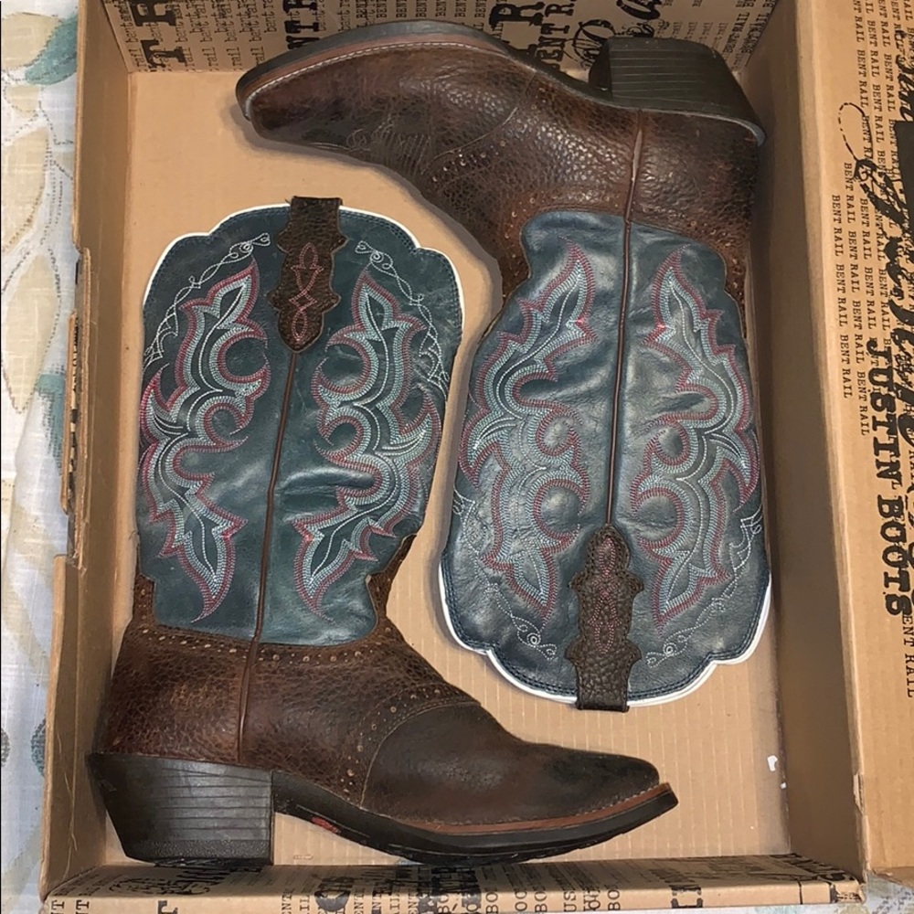 TEAL & BROWN WOMEN’S JUSTIN WESTERN LEATHER BOOTS